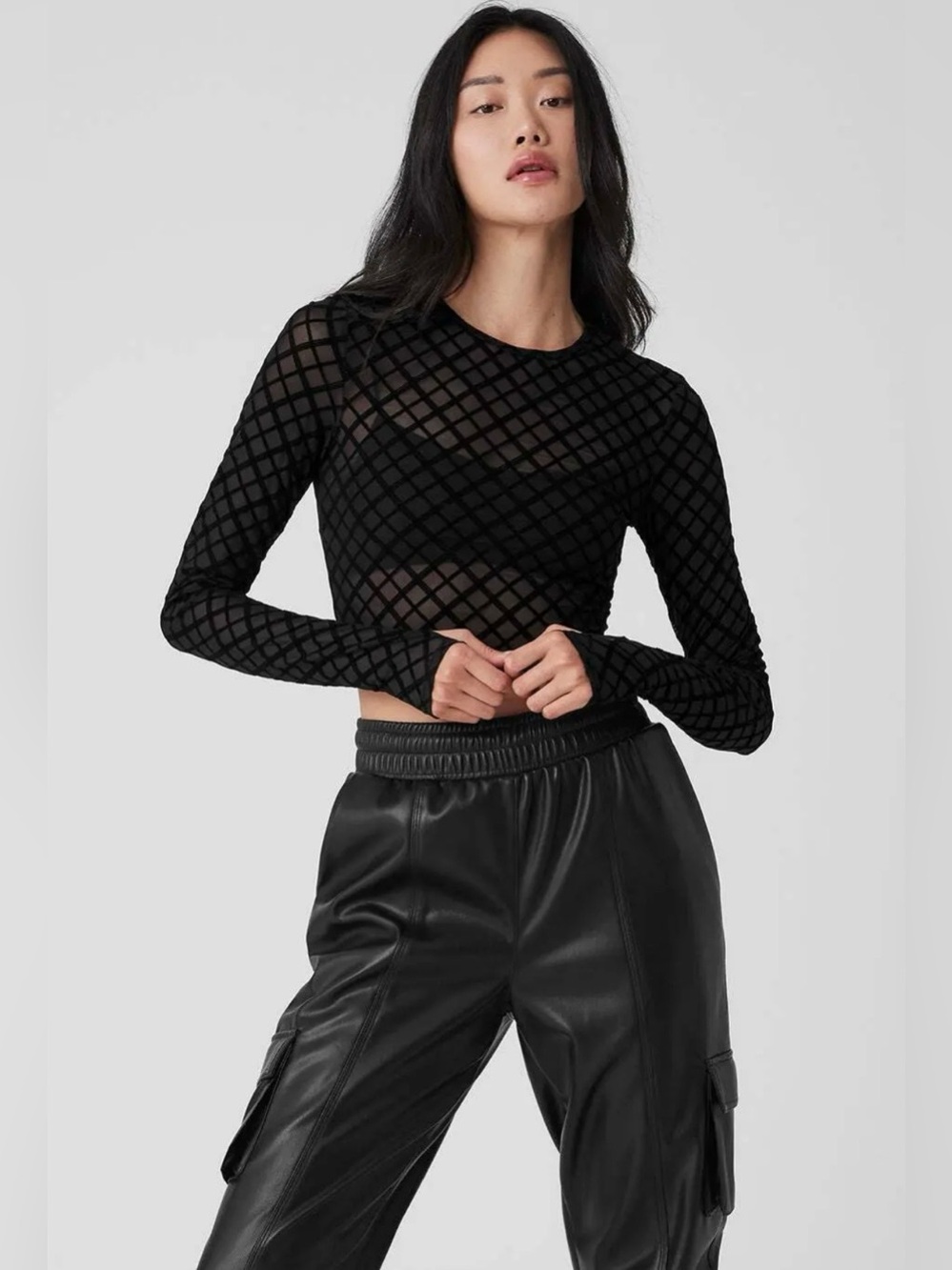ALO Yoga Mesh Plaid Cropped Long Sleeve Top